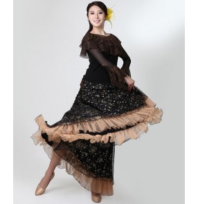 Coffee colored ruffles neck sleeves women's ladies long length competition professional  ballroom tango waltz flamenco small flowers dancing dresses outfits